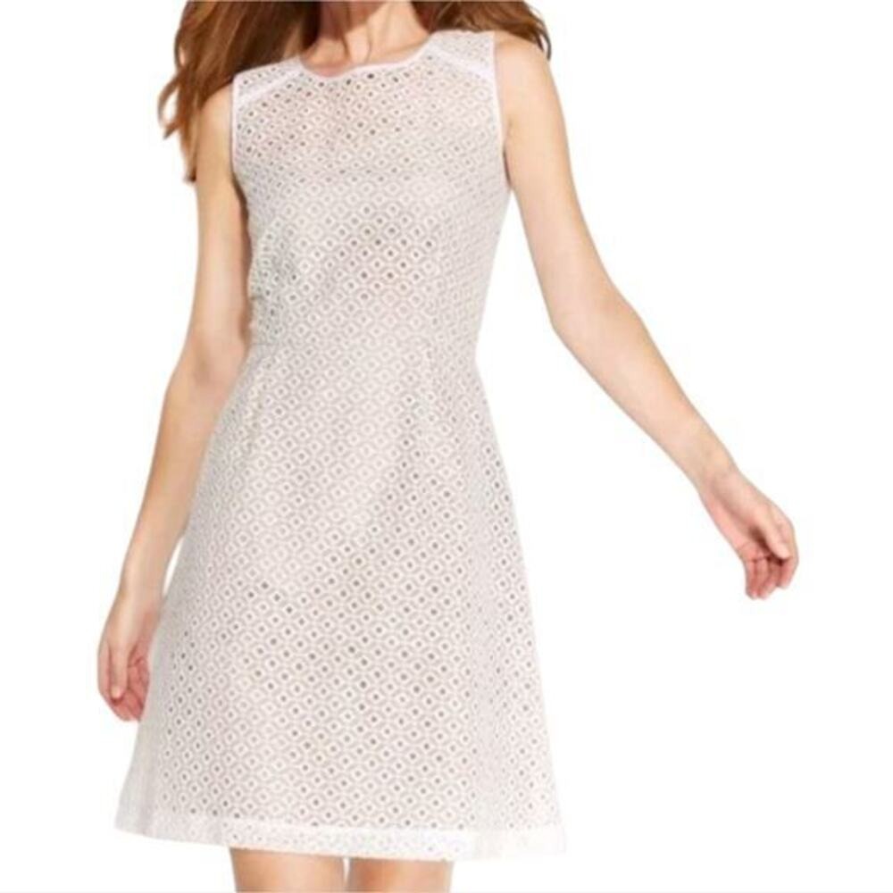 Calvin Klein White Eyelet Lace Sleeveless Fit Flare Knee Length Dress Round Neck